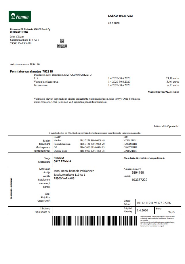 Finland Fennia Insurance company bill template in Word and PDF format